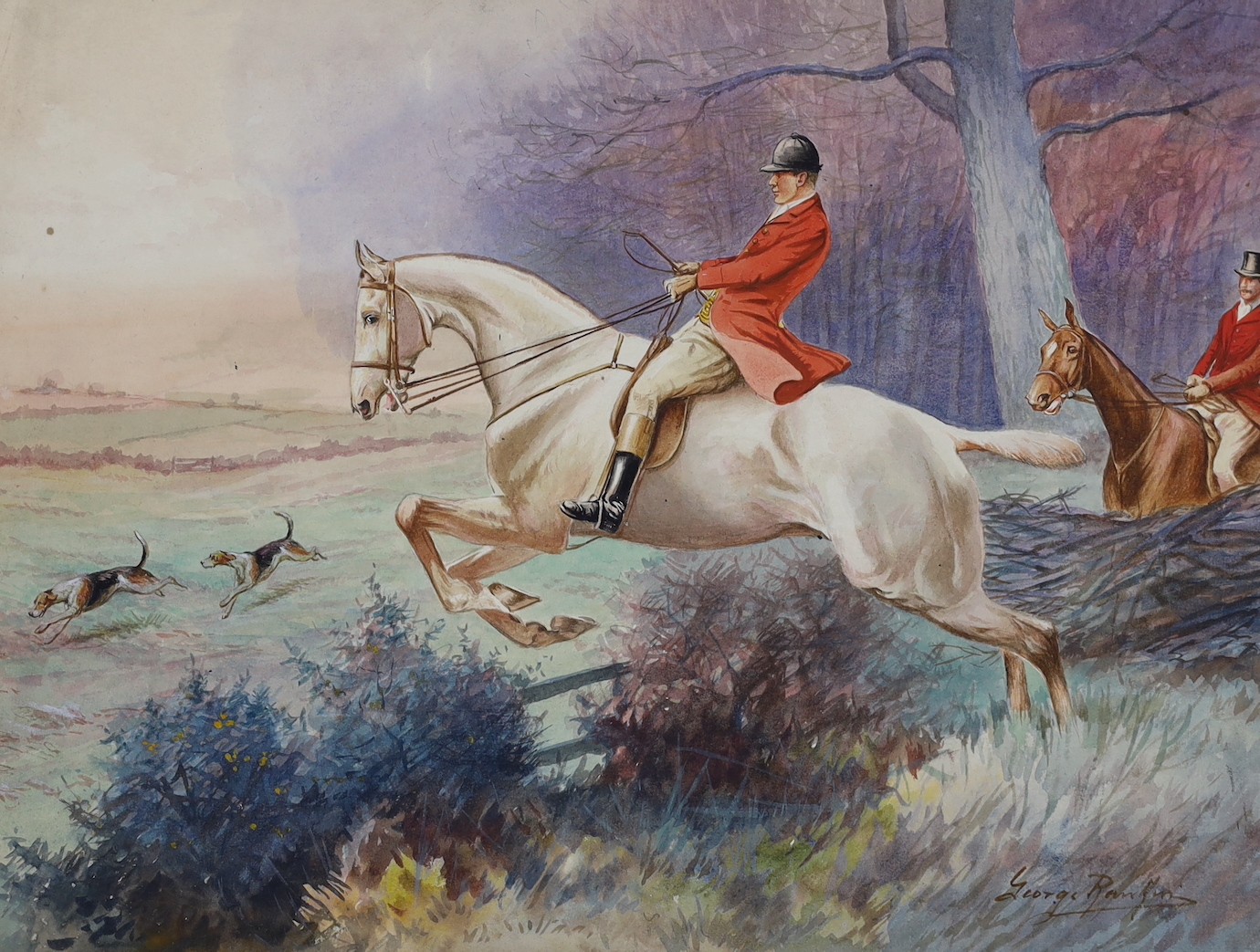 George Rankin (1864-1937), six watercolours on card, hunting scenes, signed, unframed, largest 27 x 37cm